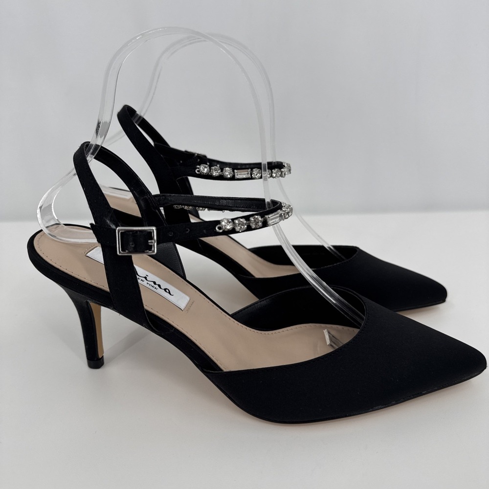 Nina Tucker Women 8M Black Luster Satin Formal Heel Crystals On‎ Ankle Strap NEW - Picture 3 of 7